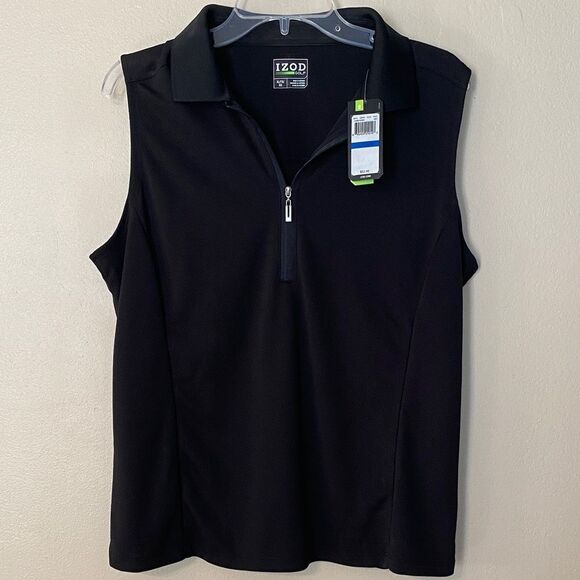 NWT- Izod Black Sleeveless Zip Polo - Picture 1 of 6